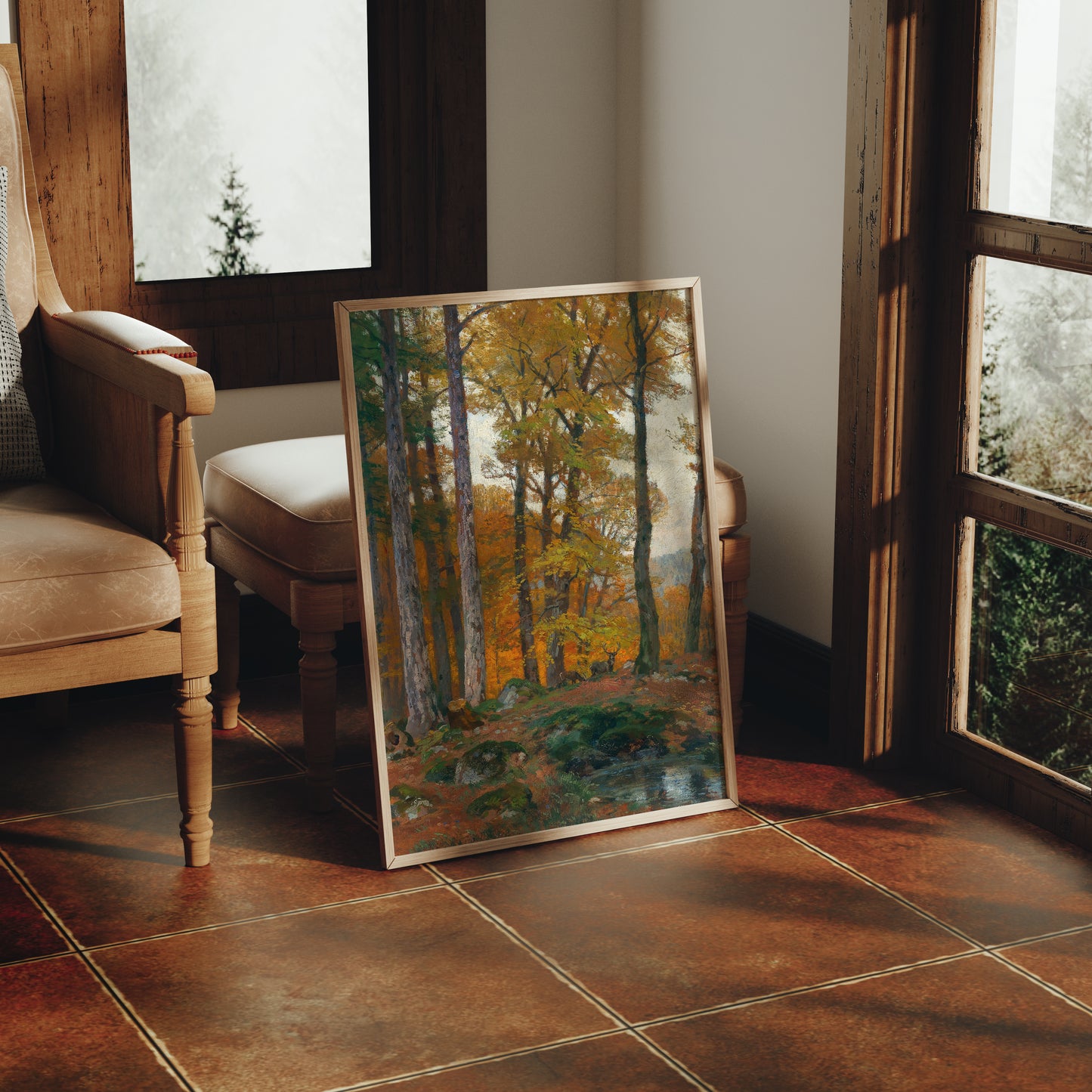 Lámina decorativa - Paisaje clásico otoñal con ciervos