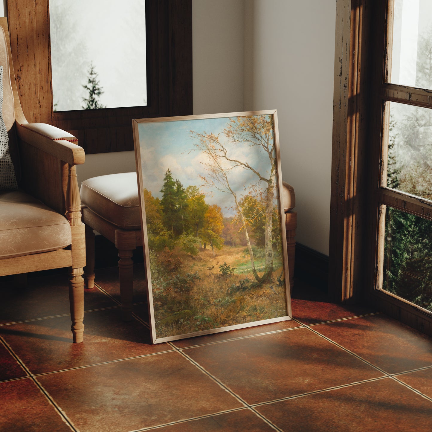 Lámina decorativa – Paisaje clásico de bosque en otoño