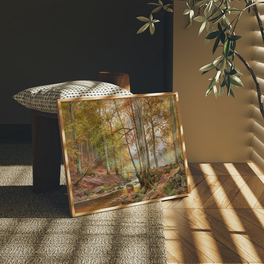 Lámina decorativa – Bosque clásico de otoño con puente sobre arroyo