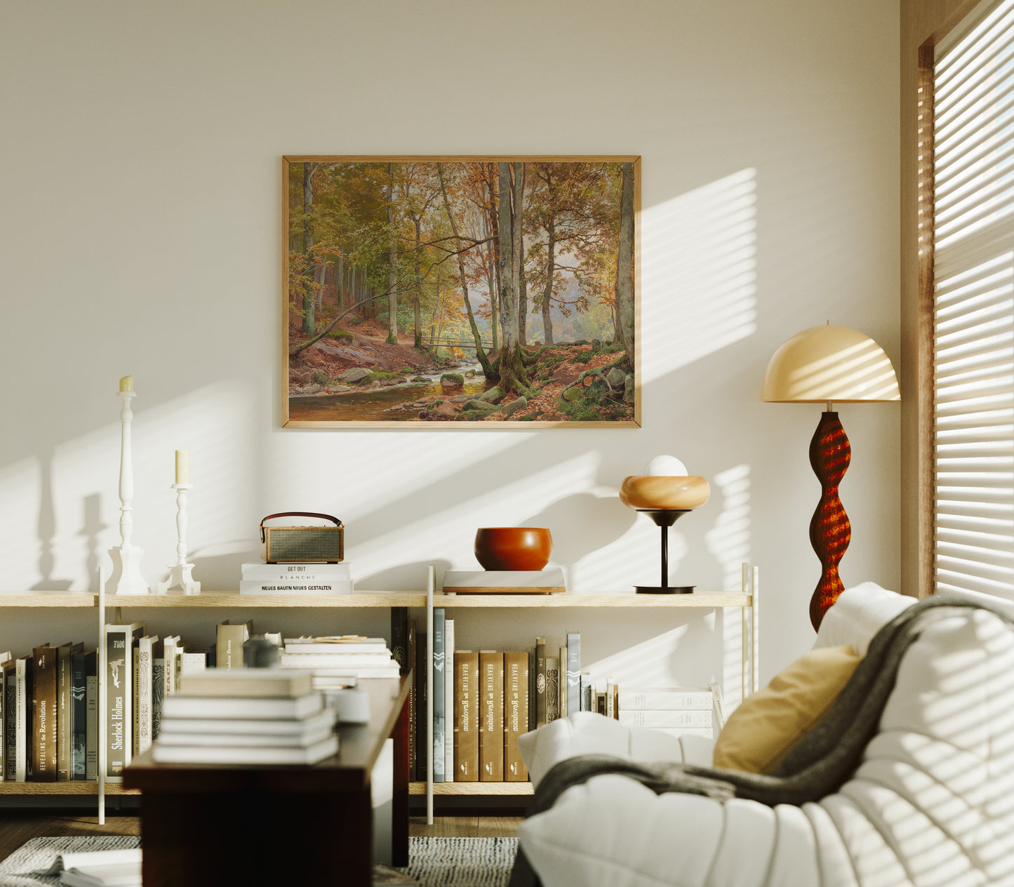 Lámina decorativa – Bosque clásico de otoño con puente sobre arroyo
