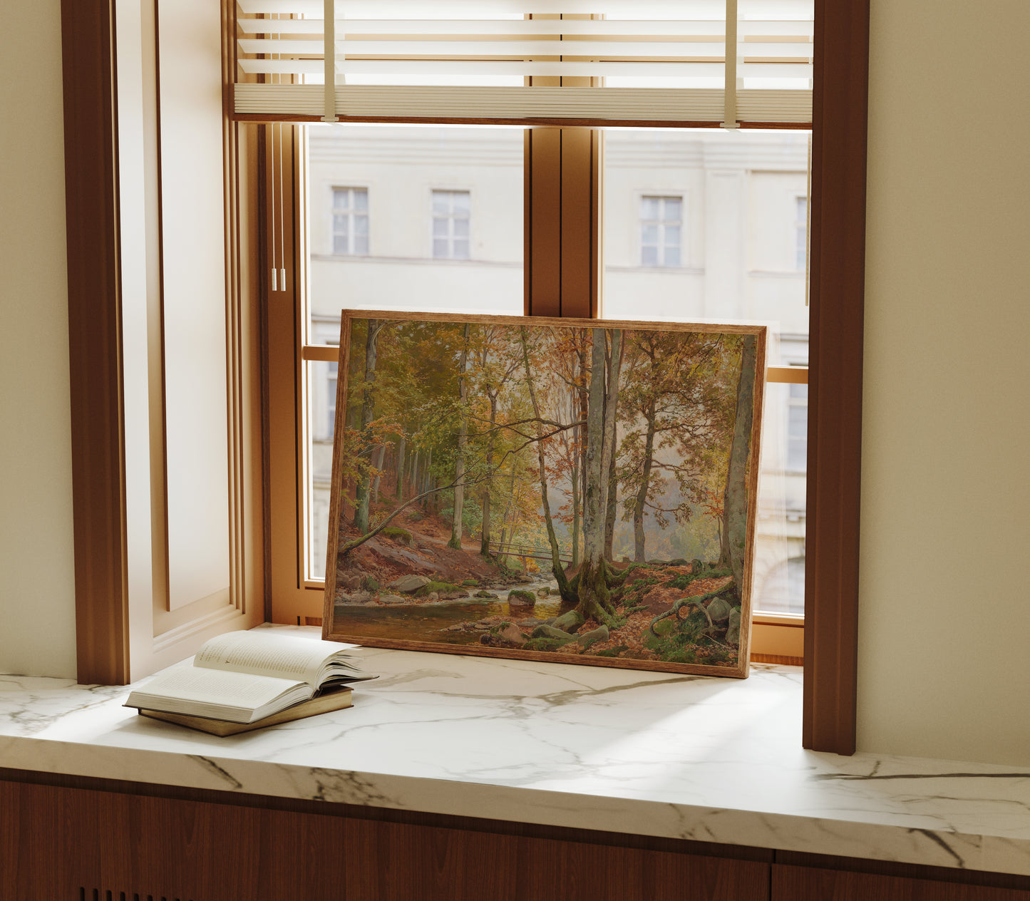 Lámina decorativa – Bosque clásico de otoño con puente sobre arroyo