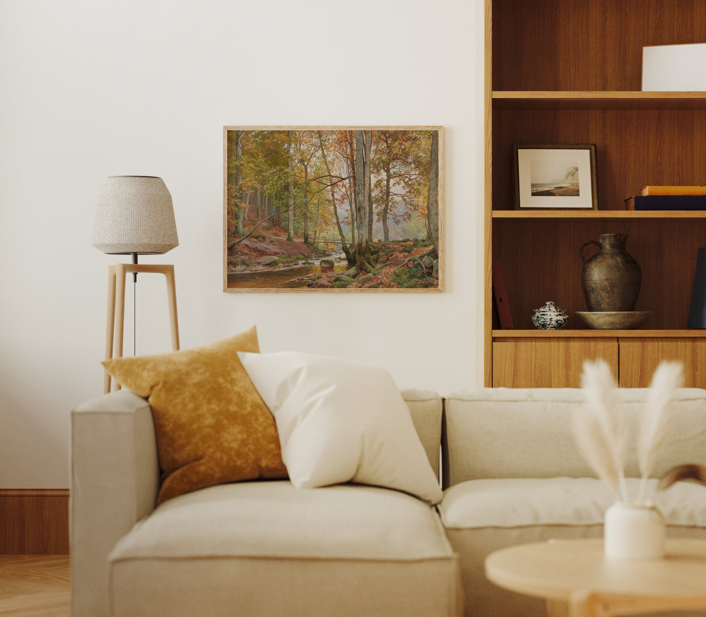 Lámina decorativa – Bosque clásico de otoño con puente sobre arroyo