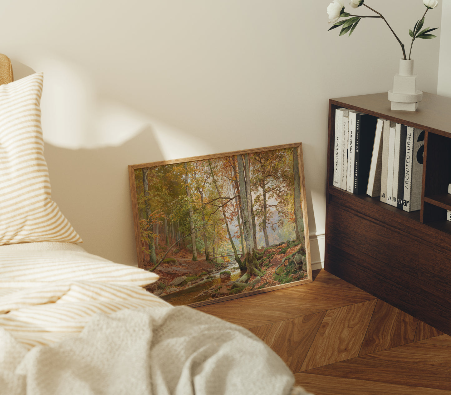 Lámina decorativa – Bosque clásico de otoño con puente sobre arroyo