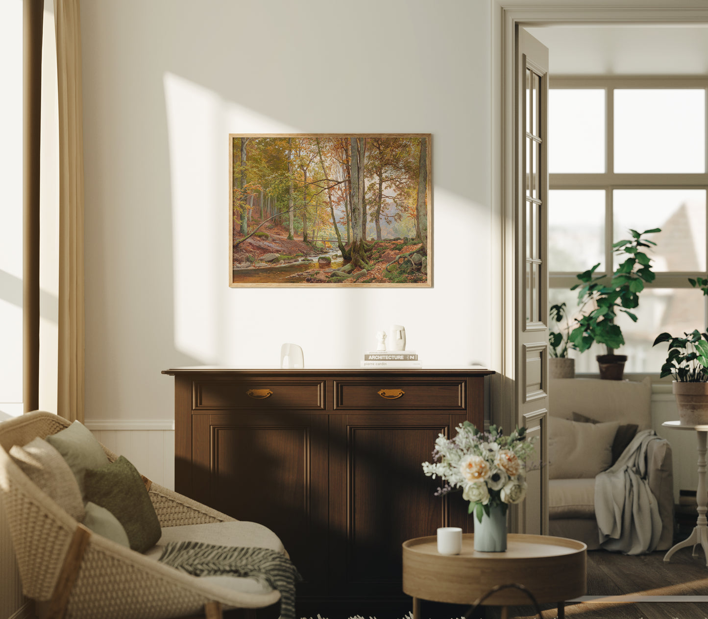 Lámina decorativa – Bosque clásico de otoño con puente sobre arroyo