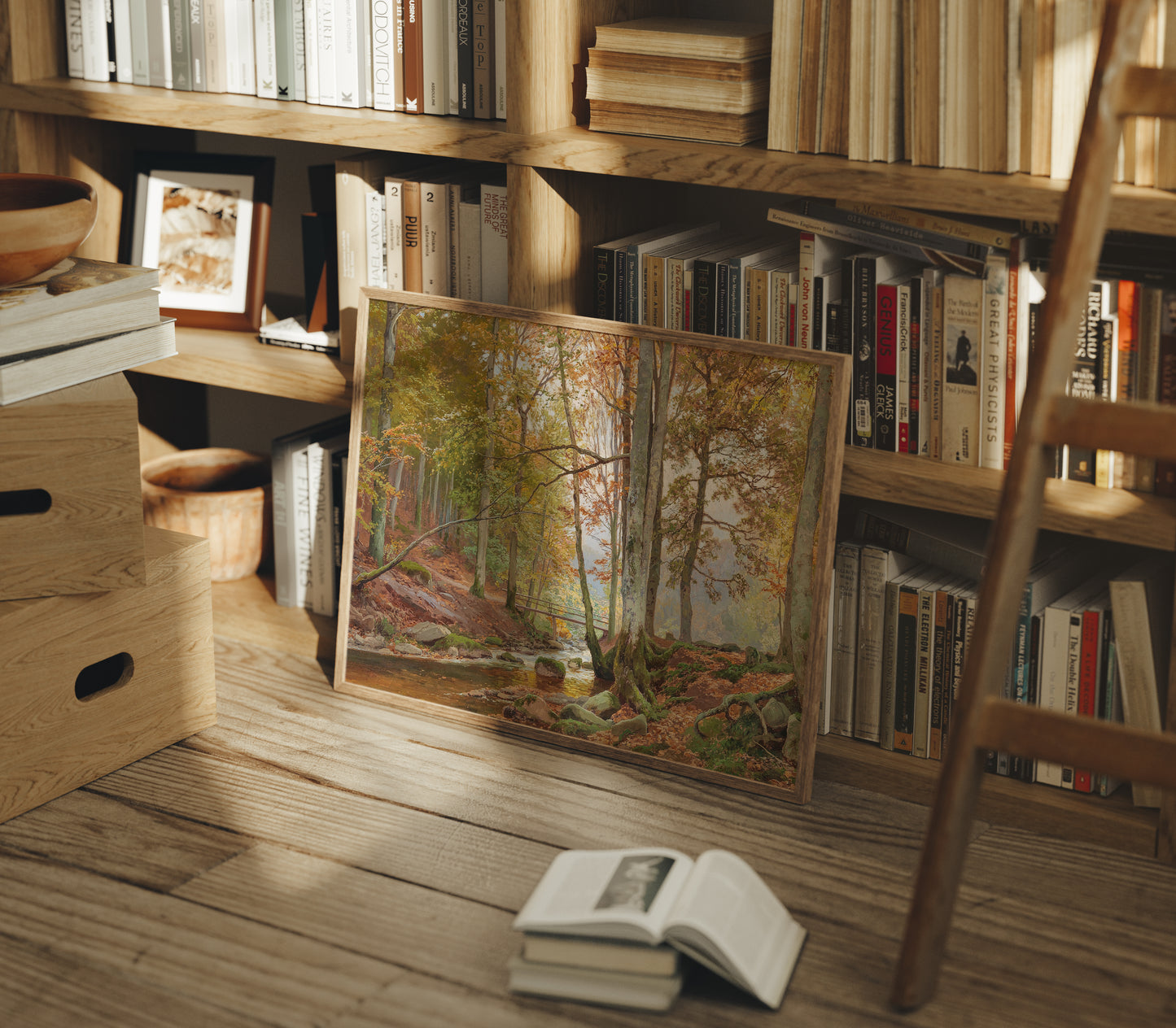 Lámina decorativa – Bosque clásico de otoño con puente sobre arroyo