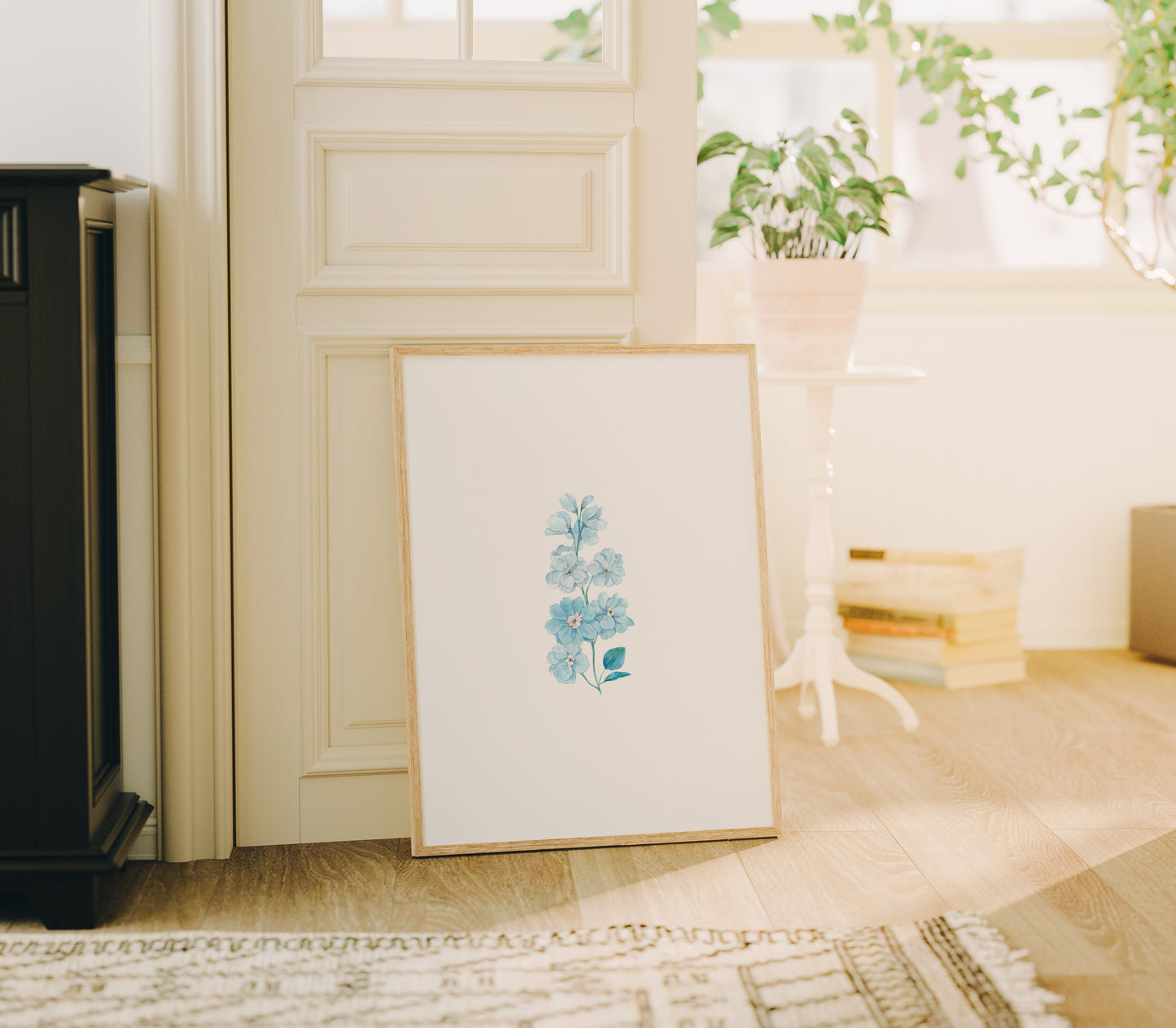 Ilustración flor azul acuarela