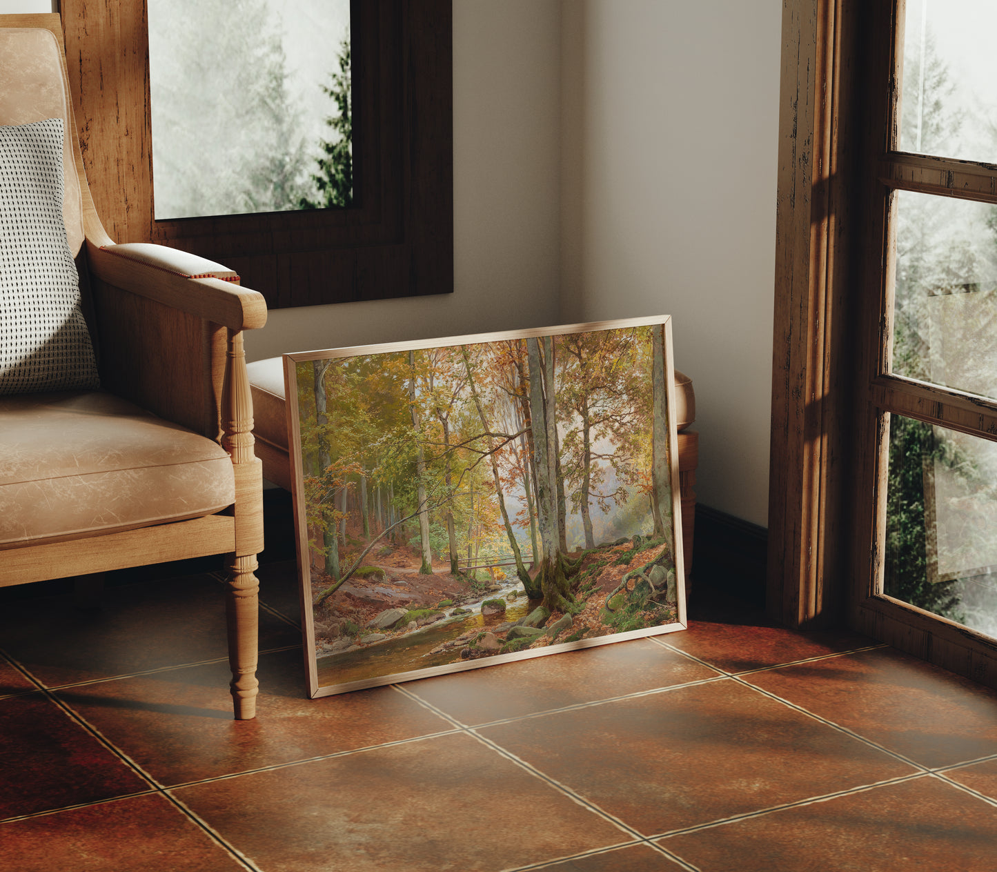 Lámina decorativa – Bosque clásico de otoño con puente sobre arroyo