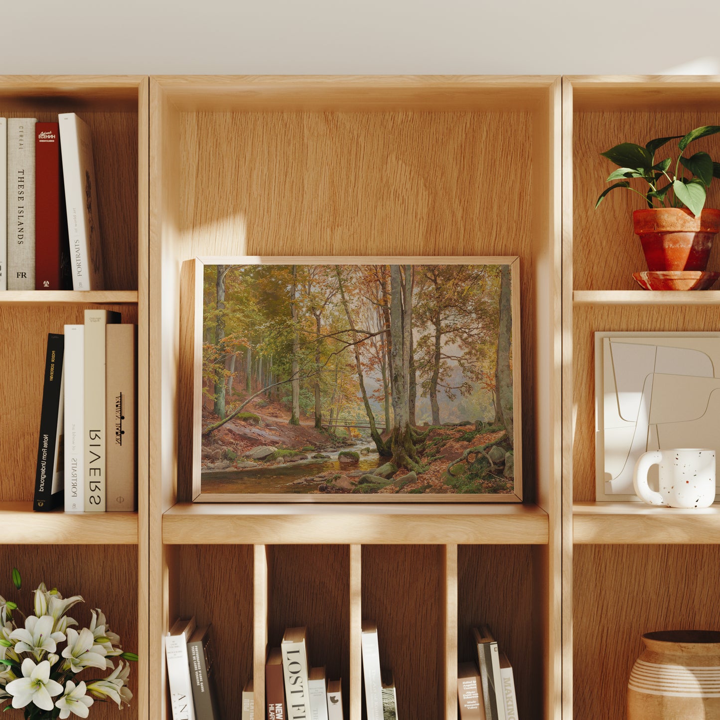 Lámina decorativa – Bosque clásico de otoño con puente sobre arroyo