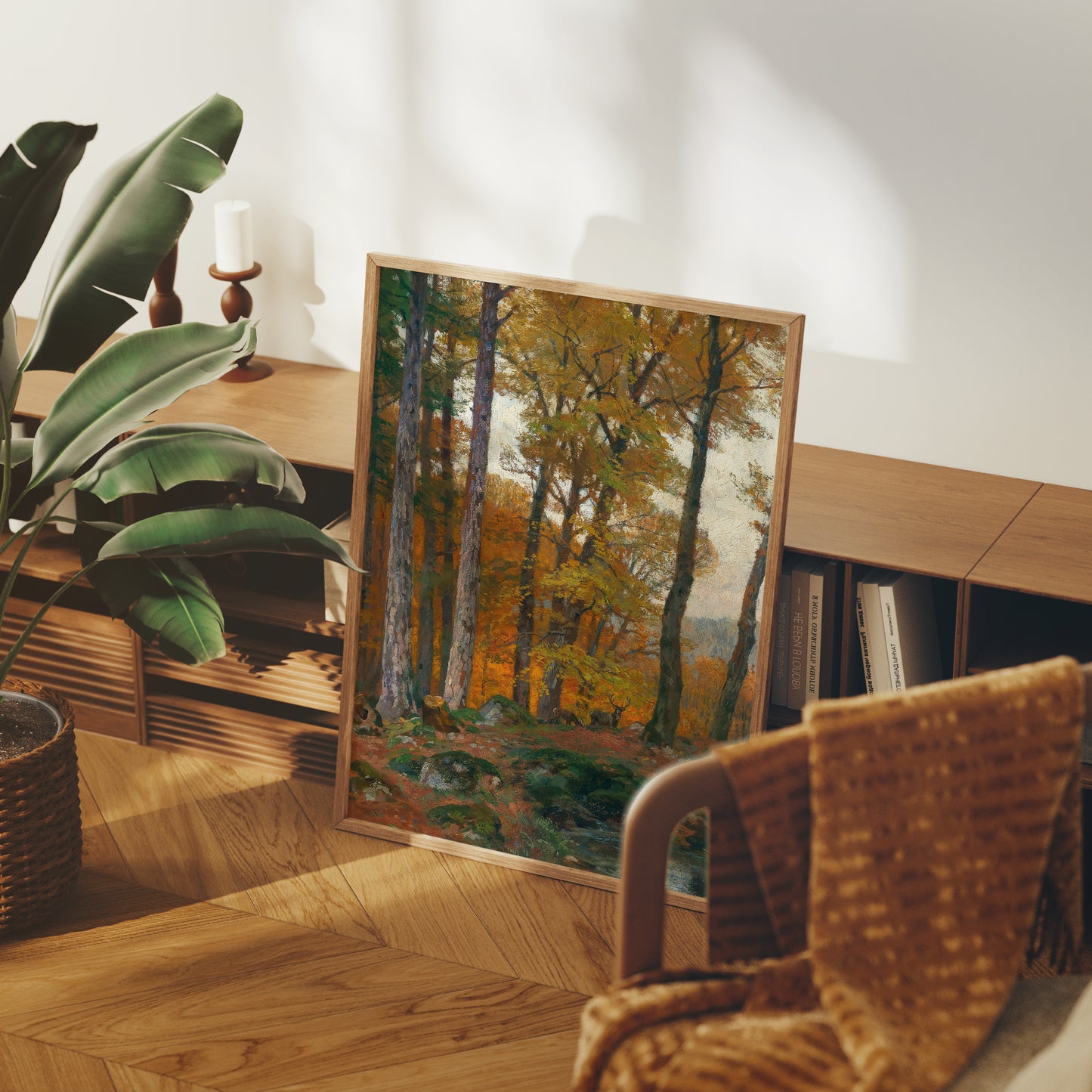 Lámina decorativa - Paisaje clásico otoñal con ciervos