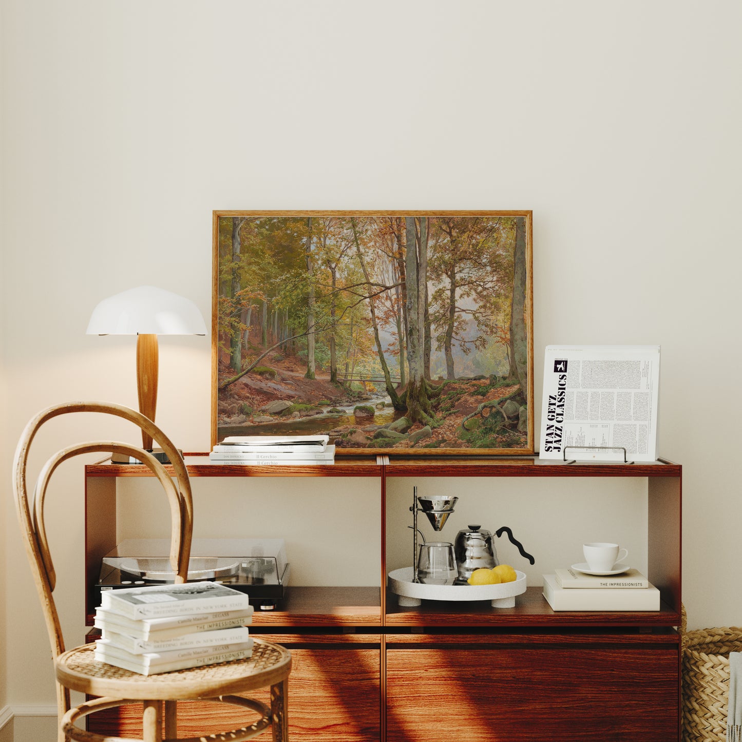 Lámina decorativa – Bosque clásico de otoño con puente sobre arroyo