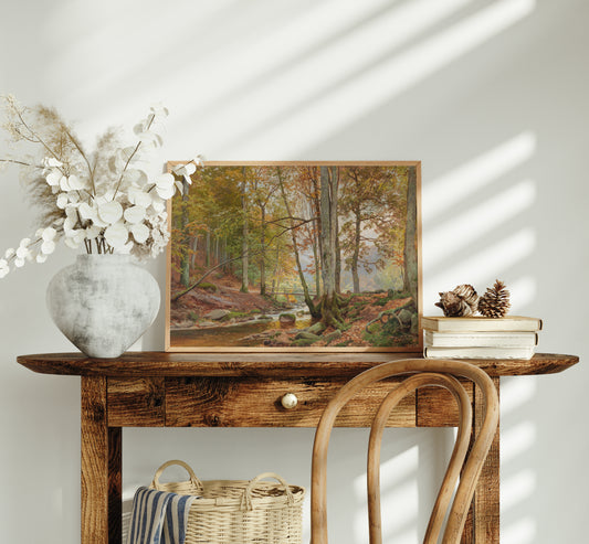 Lámina decorativa – Bosque clásico de otoño con puente sobre arroyo